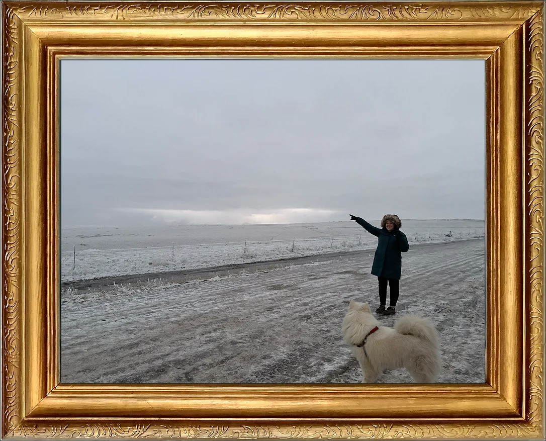 A gilded frame around a photograph of a person pointing at falling rain over a winter field.