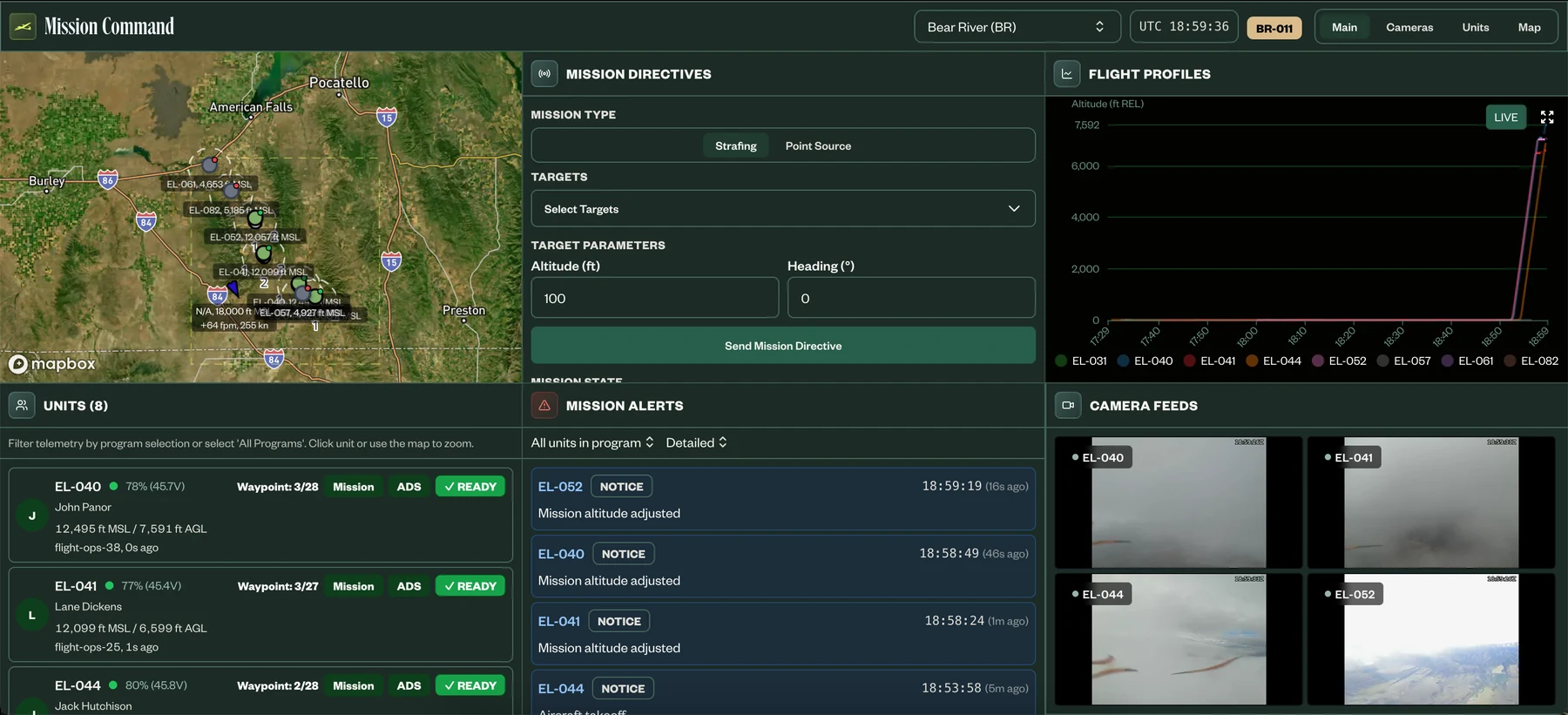 The Stratus Mission Command interface: live map of the Bear River Basin, mission directives, flight profiles, unit statuses and camera feeds.