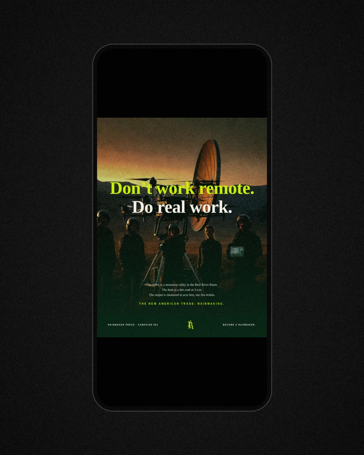 Story frame on a phone. The campaign travels.