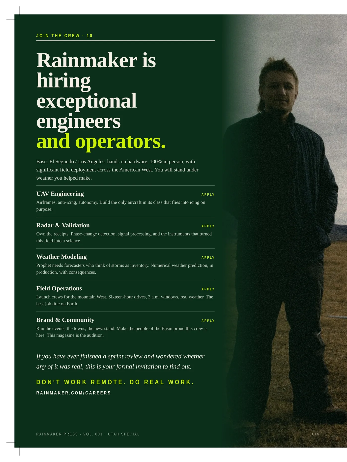Join the Crew · Rainmaker is hiring exceptional engineers and operators.