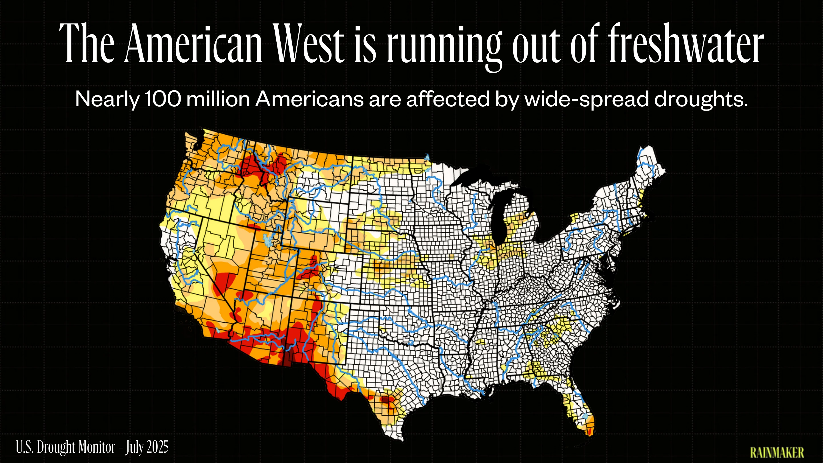 A United States map shading widespread drought across the American West, from the U.S. Drought Monitor.