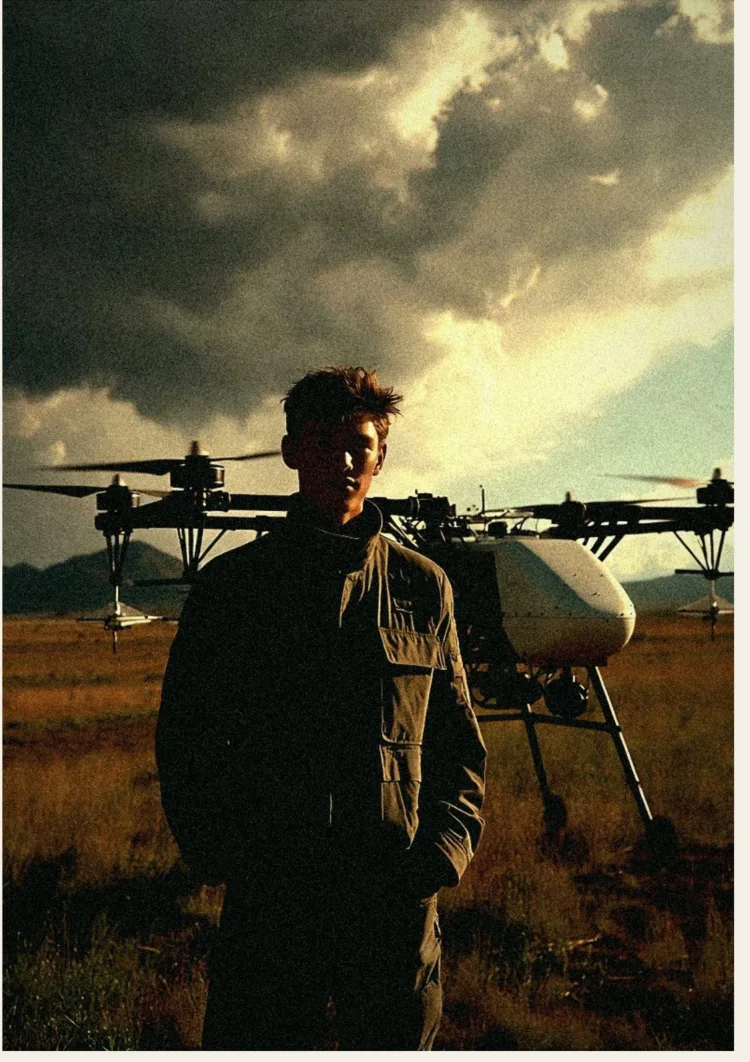 The engineer stands before a heavy-lift seeding drone under a broken storm sky.