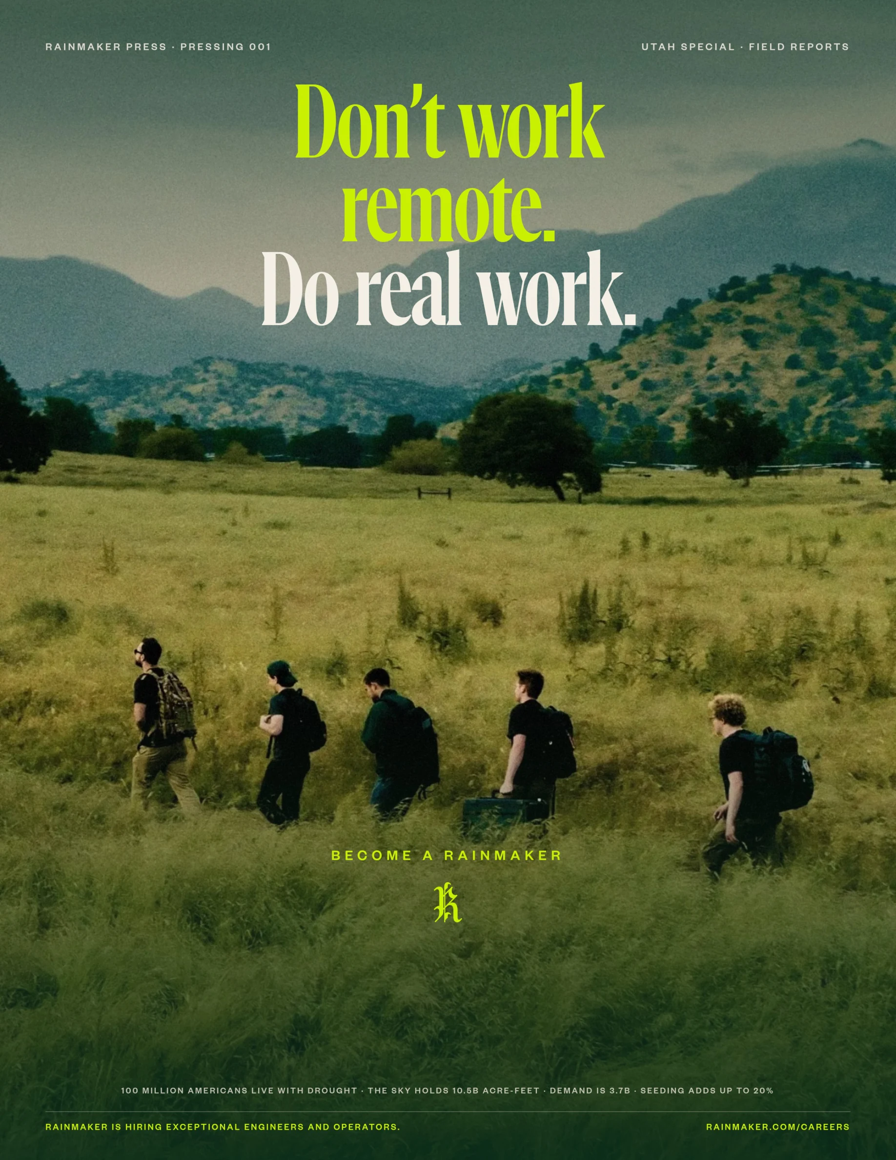 Cover · Don’t work remote. Do real work. The crew at dusk with an Elijah aircraft and radar dish.
